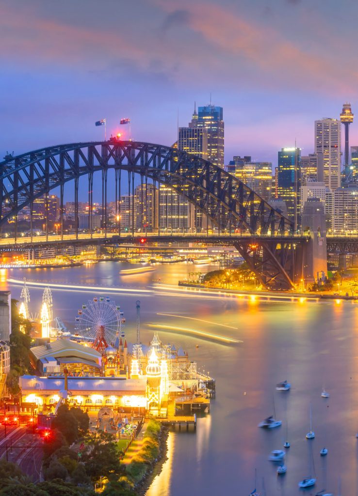 Downtown Sydney skyline in Australia from top view at sunset